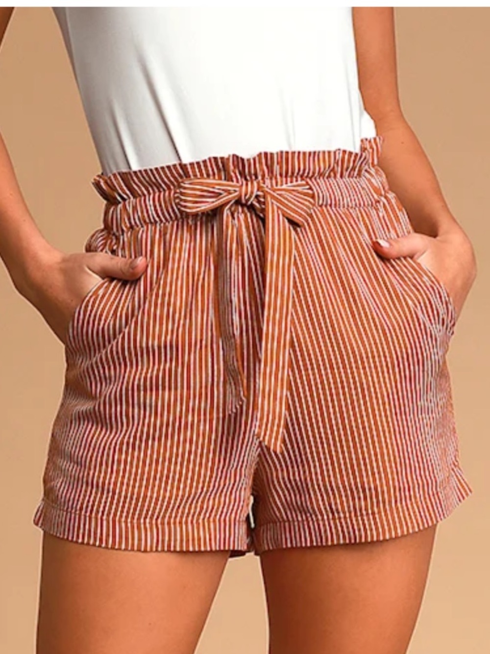 Billabong Sliding Rock Rust-Brown Striped Paper Bag Tie Waist Shorts Size Medium